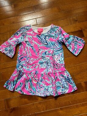Lillly Pulitzer Girls Pink Tropical Print Ruffle Dress